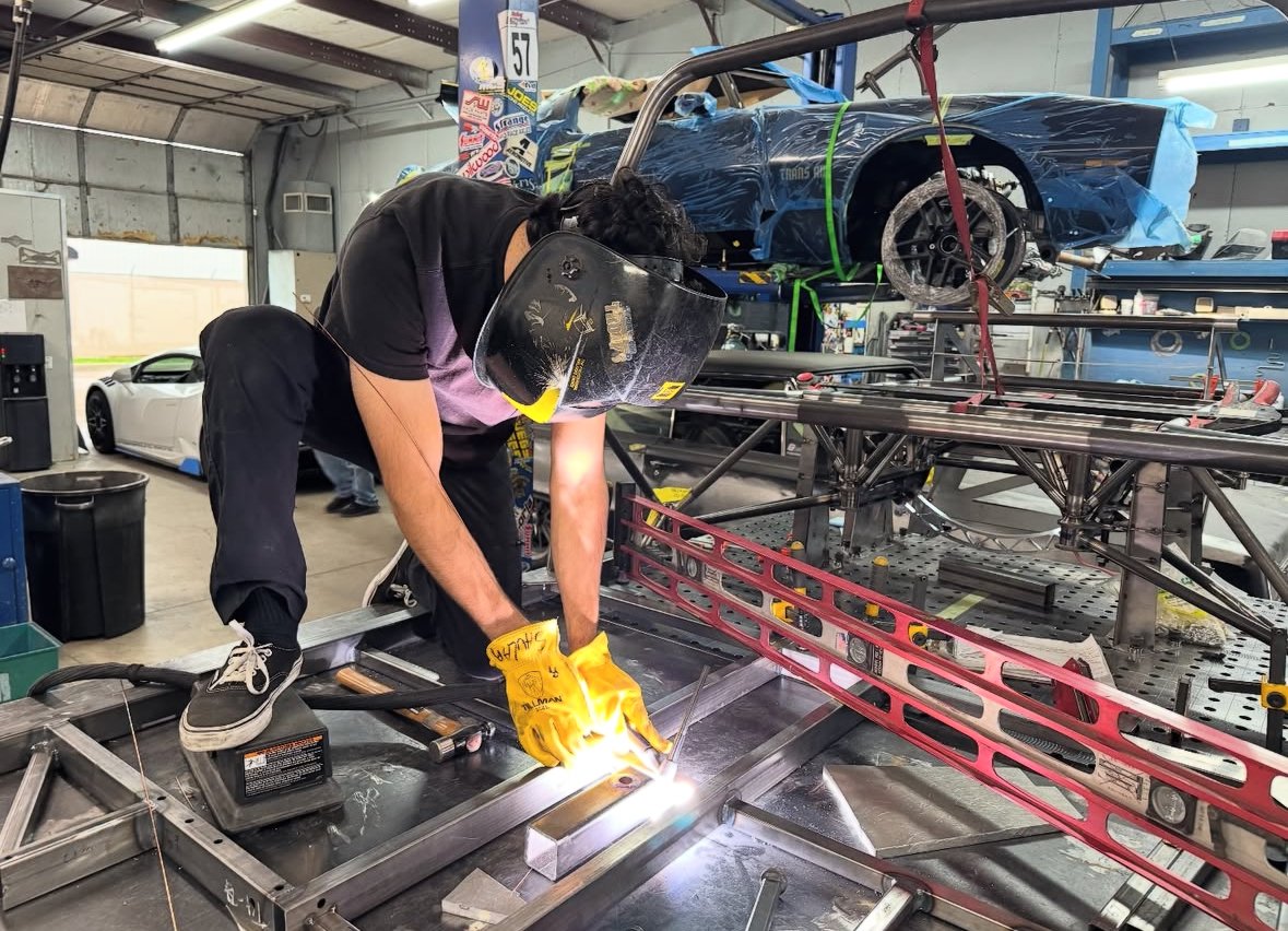 SB Engineering fabricating a motorsports chassis in the shop